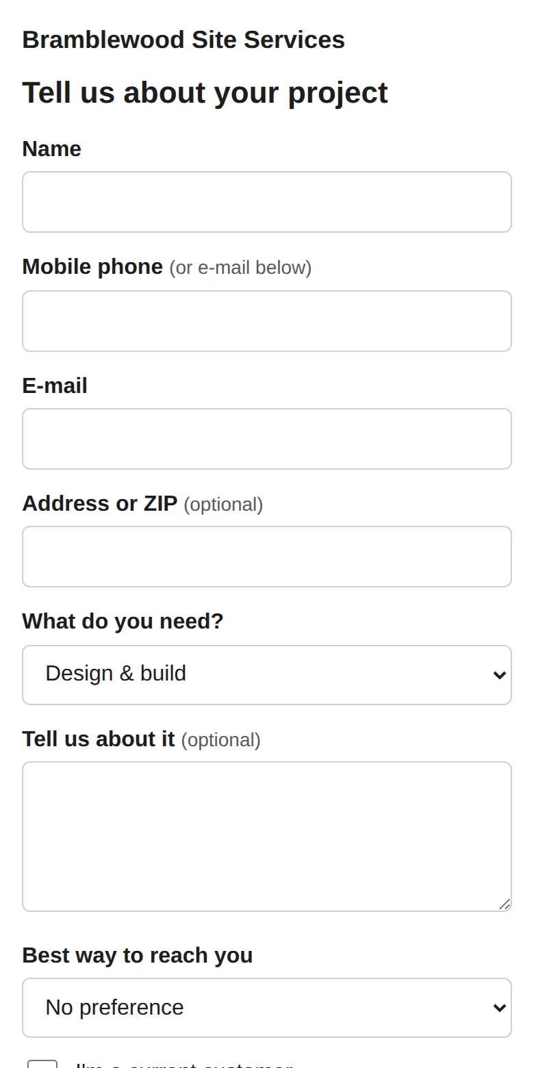 A short project inquiry form on a phone: name, mobile phone, e-mail, address, what you need and the best way to reach you.