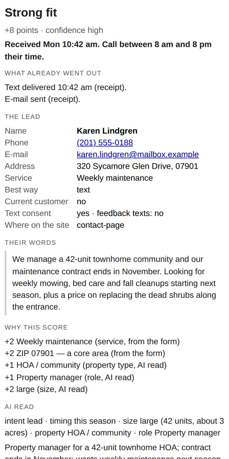 A new-lead e-mail on a phone: a fit score with the reasons for it, what already went out to the lead, their details and their own words.